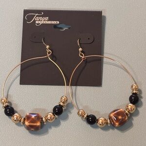 Gold Black and Brown Beaded Hoop Earrings 3 inch